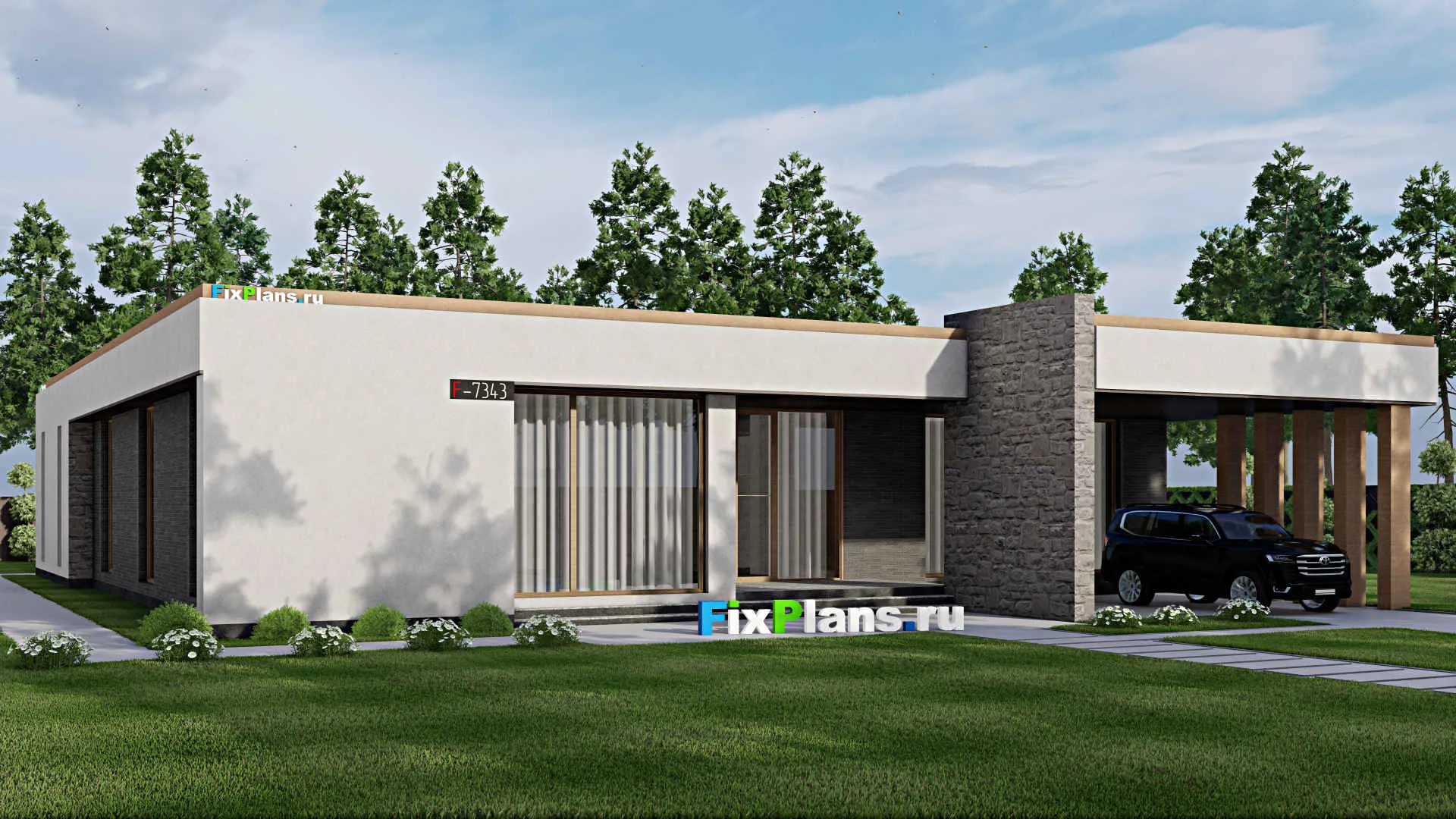 F-7343 - Проект одноэтажного дома 22 на 26, площадью 400 м² с террасой и 4 спальнями