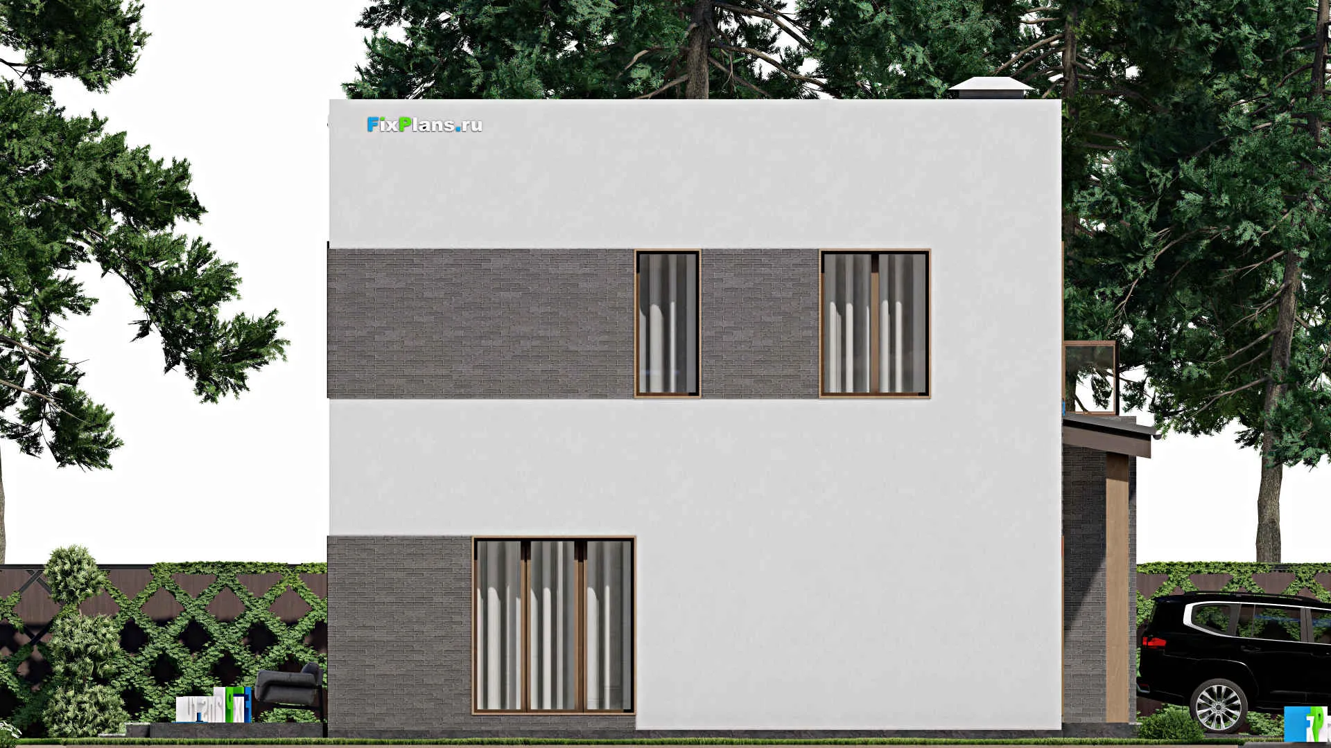 F-8153 - Проект двухэтажного дома 14 на 14, площадью 240 м² с террасой, балконом, гаражом на 1 машину и 3 спальнями