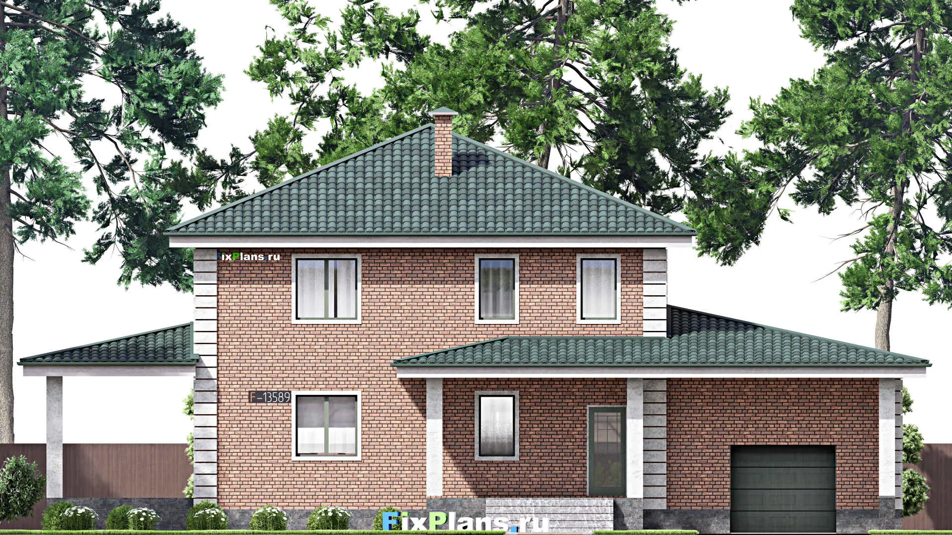 F-13589 - Проект двухэтажного дома 14 на 21, площадью 280 м² с террасой, гаражом на 2 машины и 4 спальнями