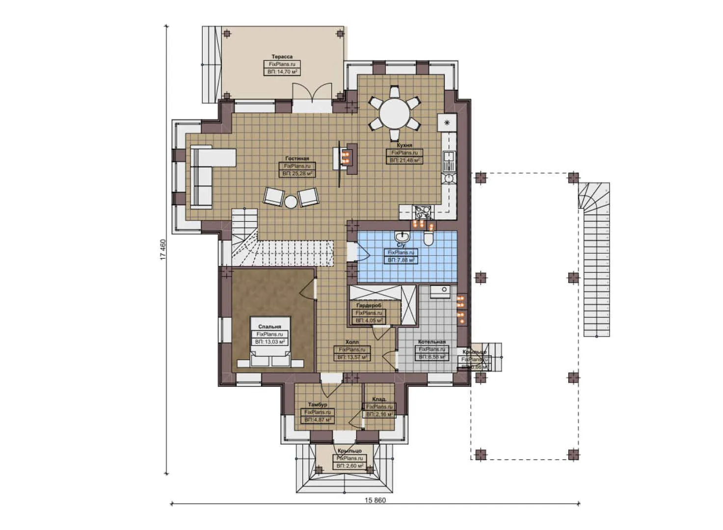 F-12176 - Планы двухэтажного дома 16 на 18, площадью 270 м² с террасой, балконом и 4 спальнями