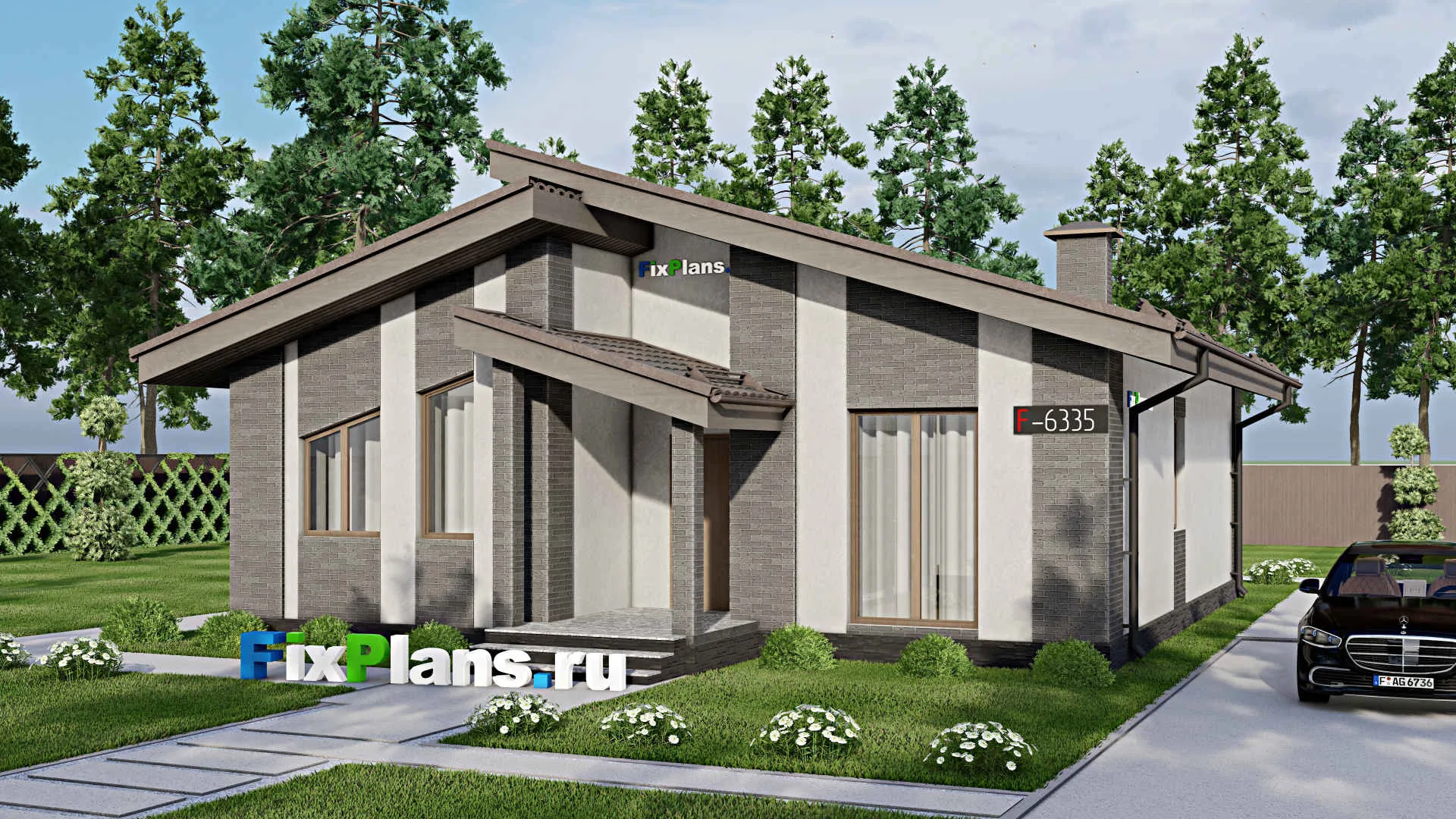 F-6335 - Проект одноэтажного дома 11 на 13, площадью 120 м² с террасой и 3 спальнями