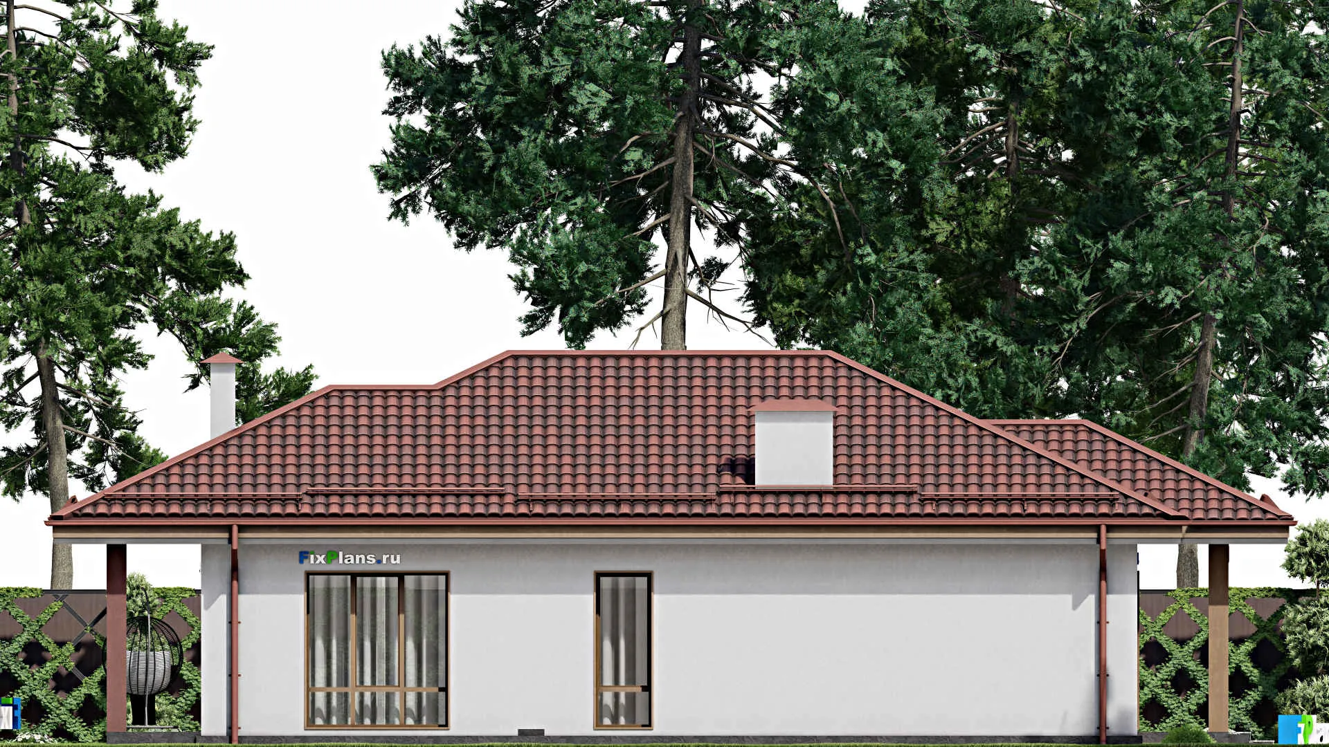 F-7865 - Проект одноэтажного дома 10 на 15, площадью 120 м² с террасой и 3 спальнями