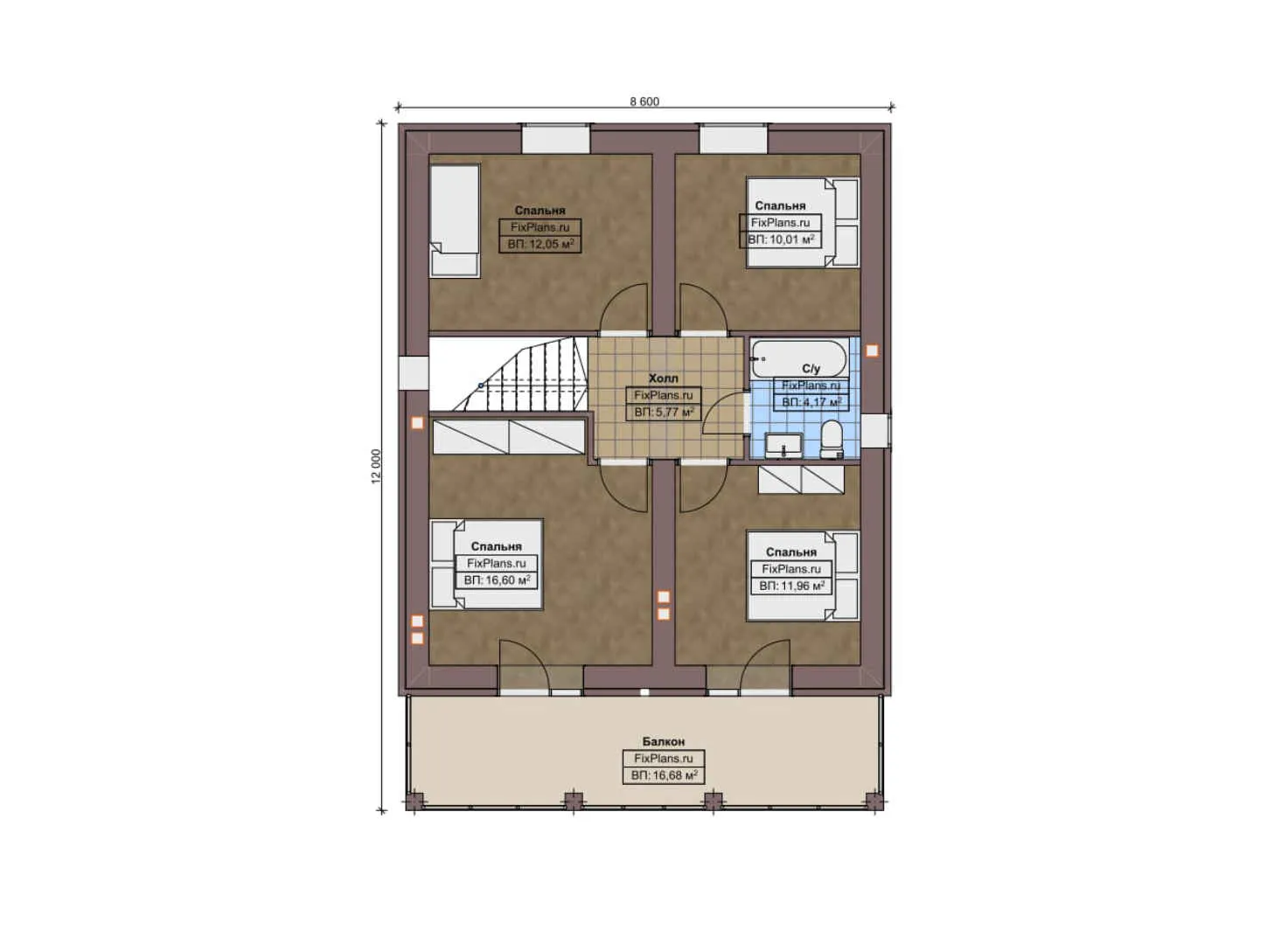 F-9143 - Планы дома с мансардой 9 на 12, площадью 160 м² с террасой, балконом и 5 спальнями