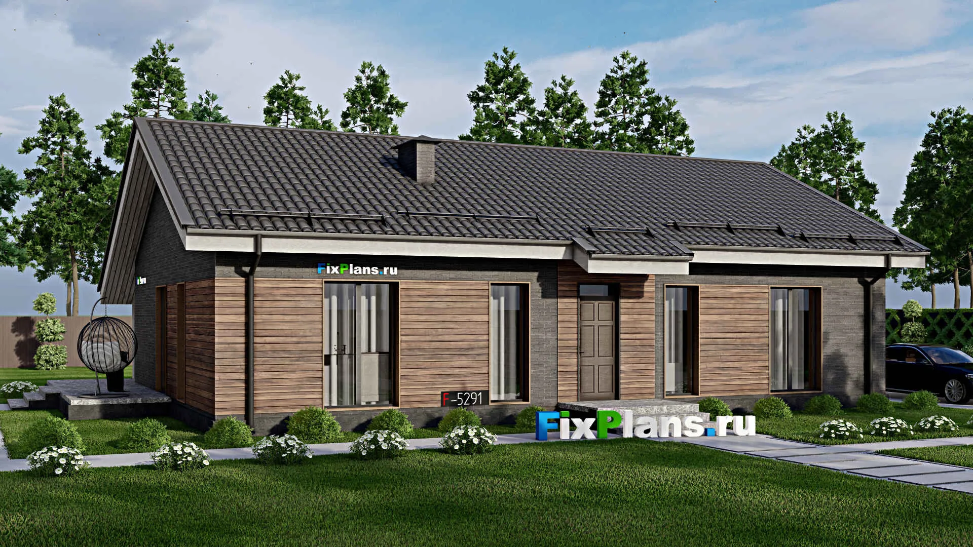 F-5291 - Проект одноэтажного дома 11 на 16, площадью 160 м² с террасой и 3 спальнями