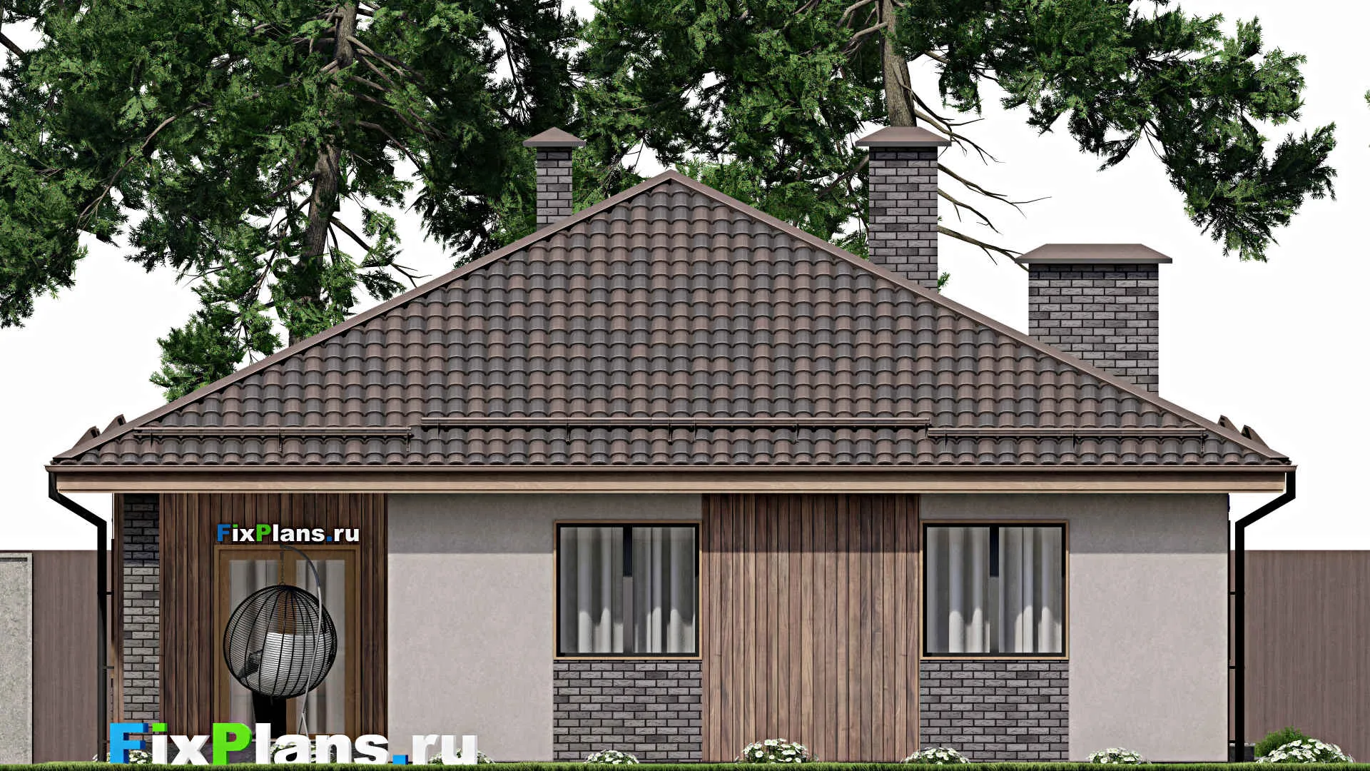 F-8198 - Проект одноэтажного дома 12 на 16, площадью 150 м² с террасой и 4 спальнями