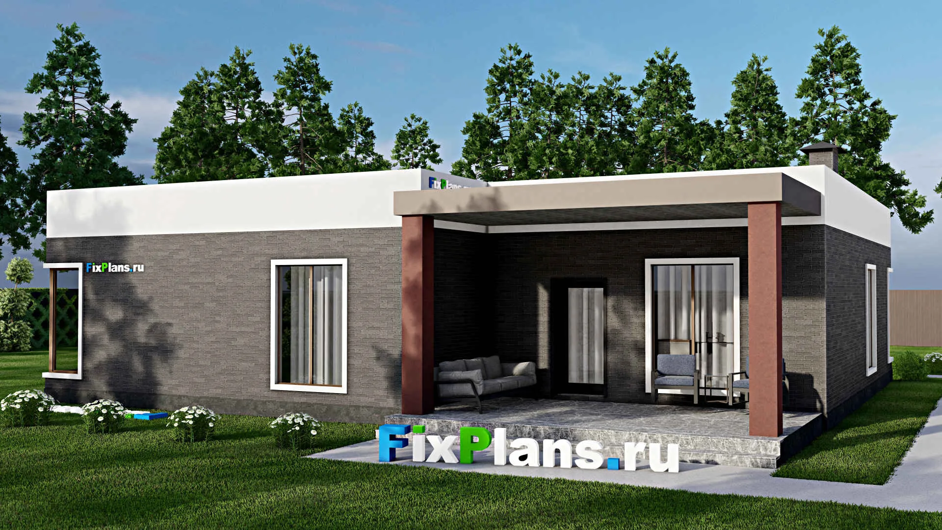 F-10727 - Проект одноэтажного дома 15 на 16, площадью 180 м² с террасой и 3 спальнями