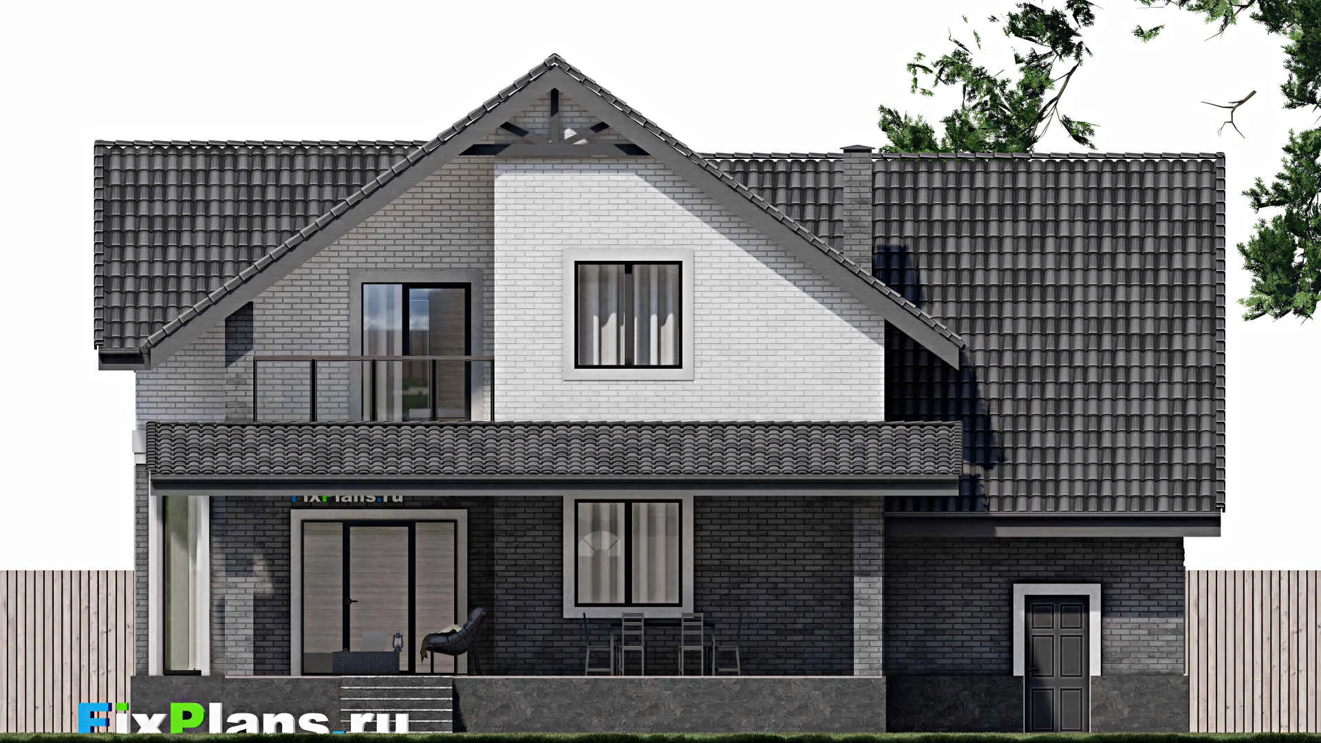 F-1385 - Проект дома с мансардой 12 на 15, площадью 330 м² с террасой, балконом, цокольным этажом, гаражом на 1 машину, спортзалом и 4 спальнями