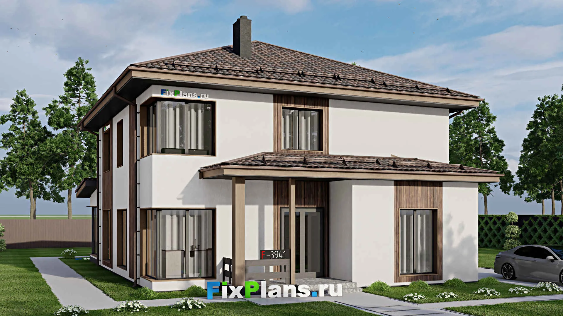 F-3941 - Проект двухэтажного дома 12 на 17, площадью 230 м² с террасой, баней и 4 спальнями