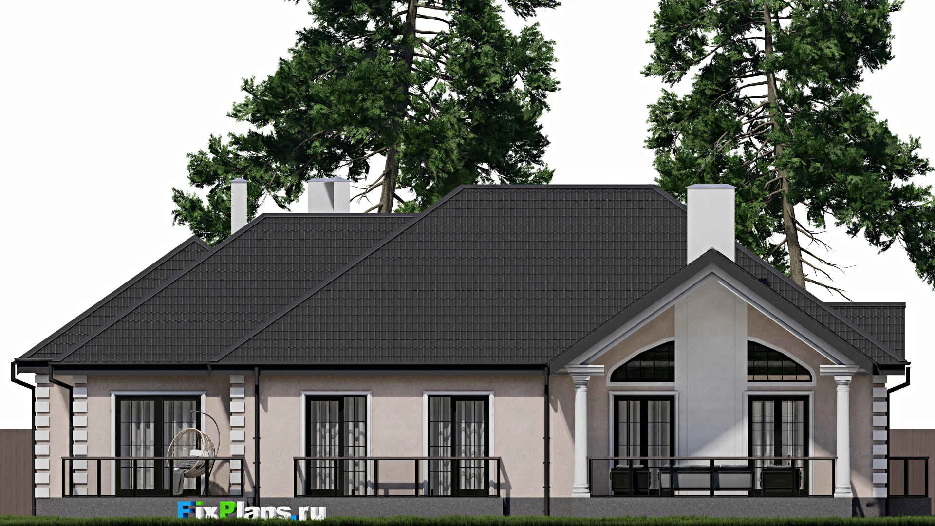 F-0179 - Проект одноэтажного дома 18 на 21, площадью 280 м² с террасой, гаражом на 2 машины и 1 спальнями