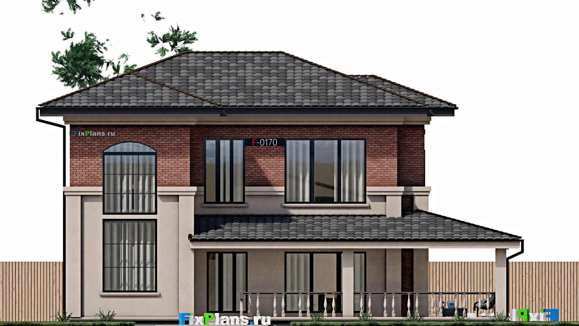 F-0170 - Проект двухэтажного дома 11 на 13, площадью 240 м² с террасой и 2 спальнями