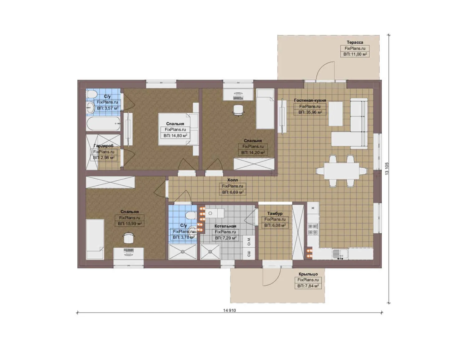 F-13031 - План одноэтажного дома 14 на 15, площадью 130 м² с террасой и 3 спальнями
