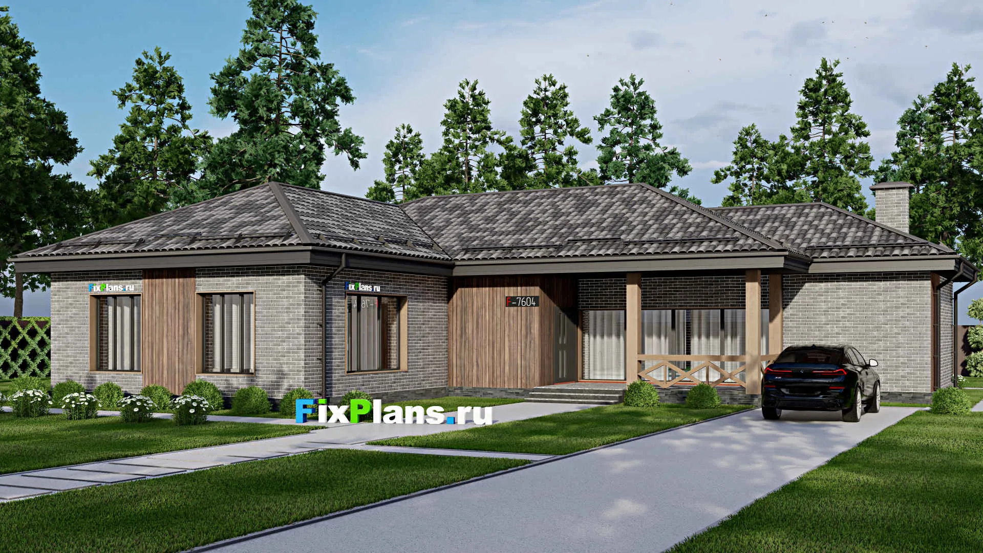 F-7604 - Проект одноэтажного дома 16 на 21, площадью 190 м² с баней, бассейном и 2 спальнями