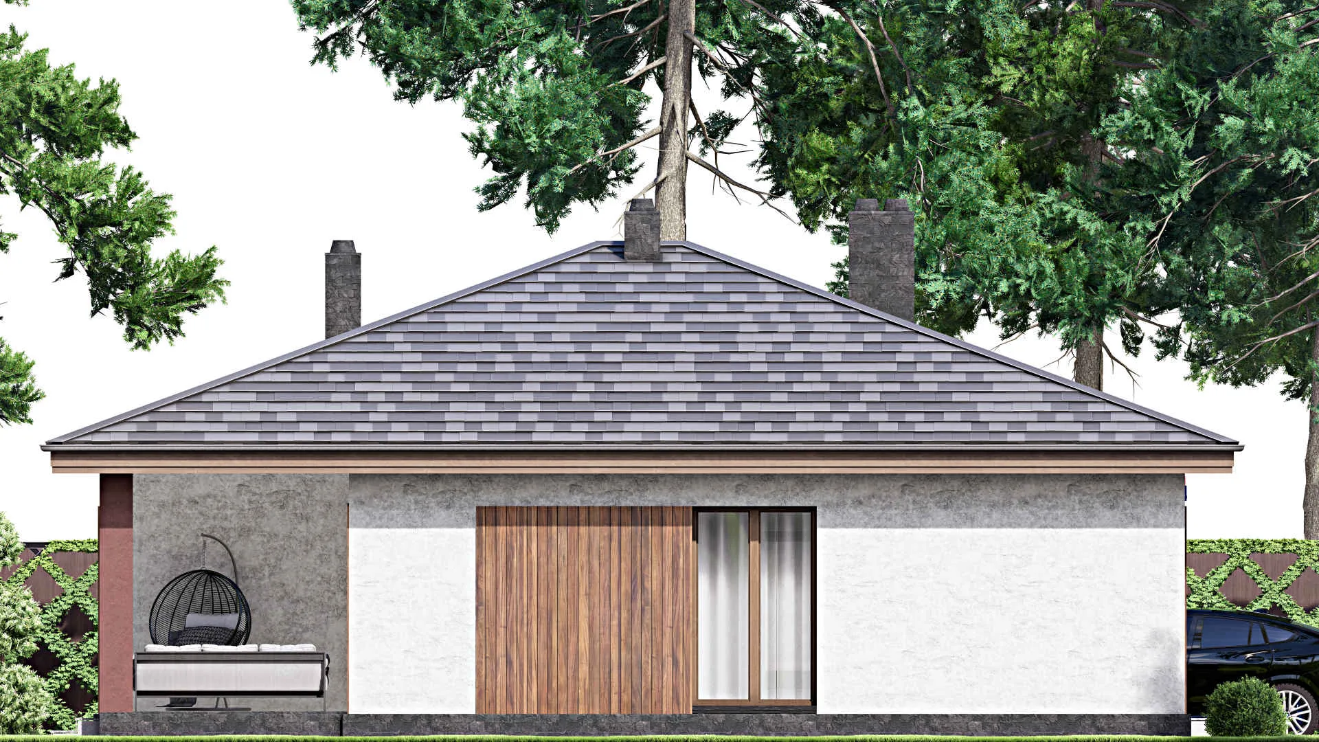 F-14498 - Проект одноэтажного дома 12 на 14, площадью 130 м² с террасой и 3 спальнями