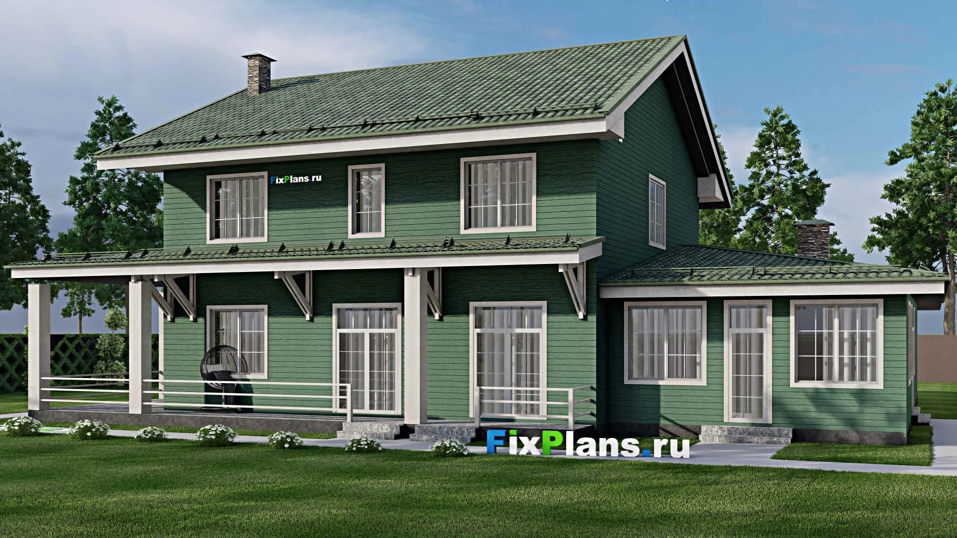 F-12158 - Проект дома с мансардой 19 на 23, площадью 400 м² с террасой, гаражом на 2 машины и 7 спальнями