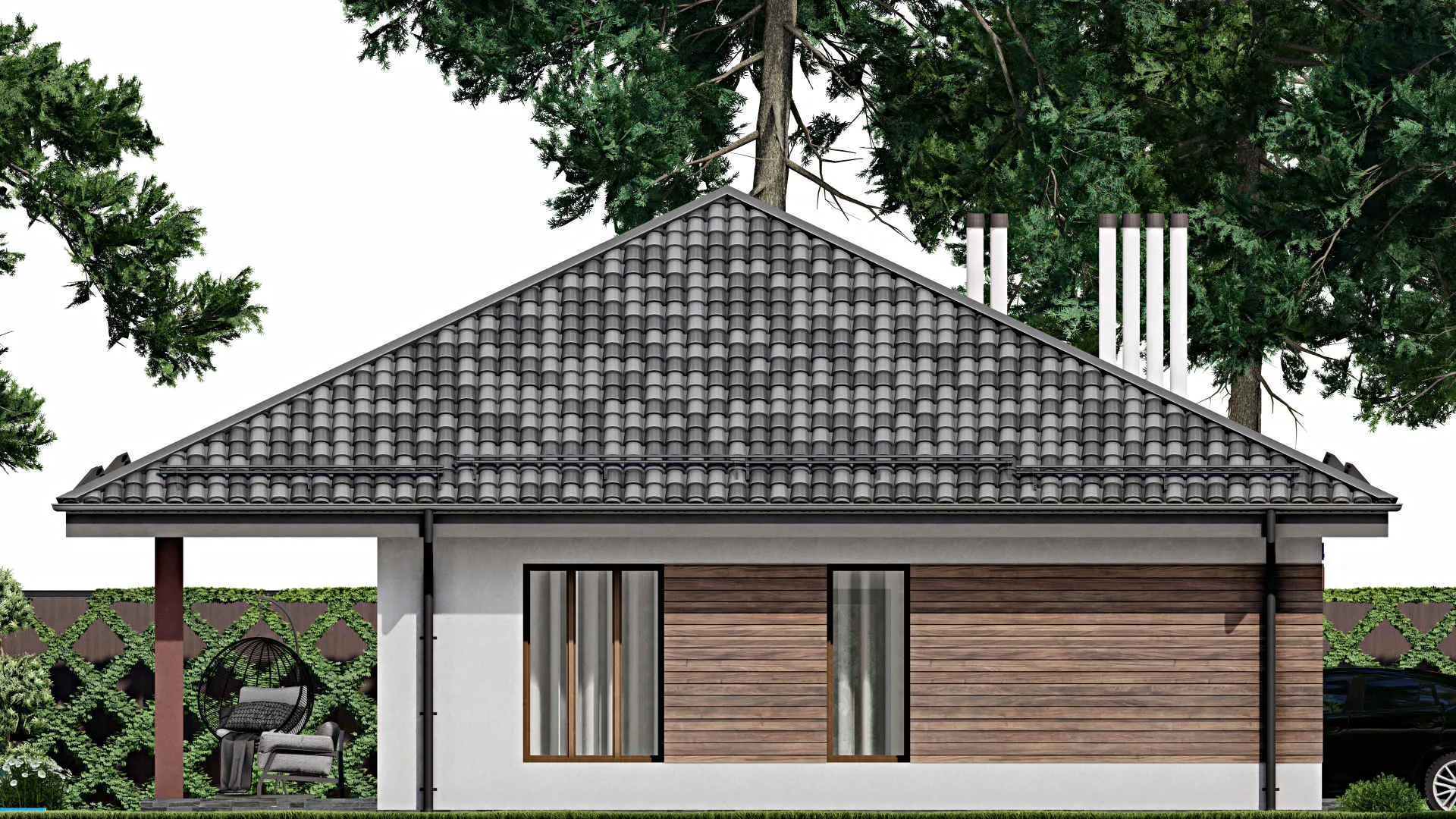 F-9548 - Проект одноэтажного дома 13 на 15, площадью 150 м² с террасой и 2 спальнями