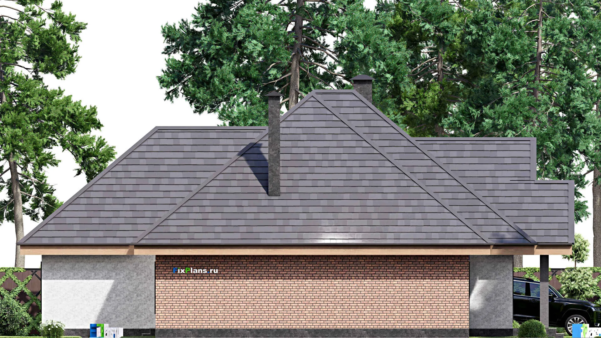 F-16910 - Проект одноэтажного дома 18 на 24, площадью 290 м² с террасой, гаражом на 2 машины и 4 спальнями