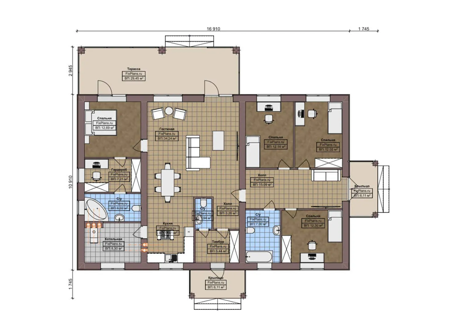 F-7154 - План одноэтажного дома 11 на 17, площадью 200 м² с террасой и 4 спальнями