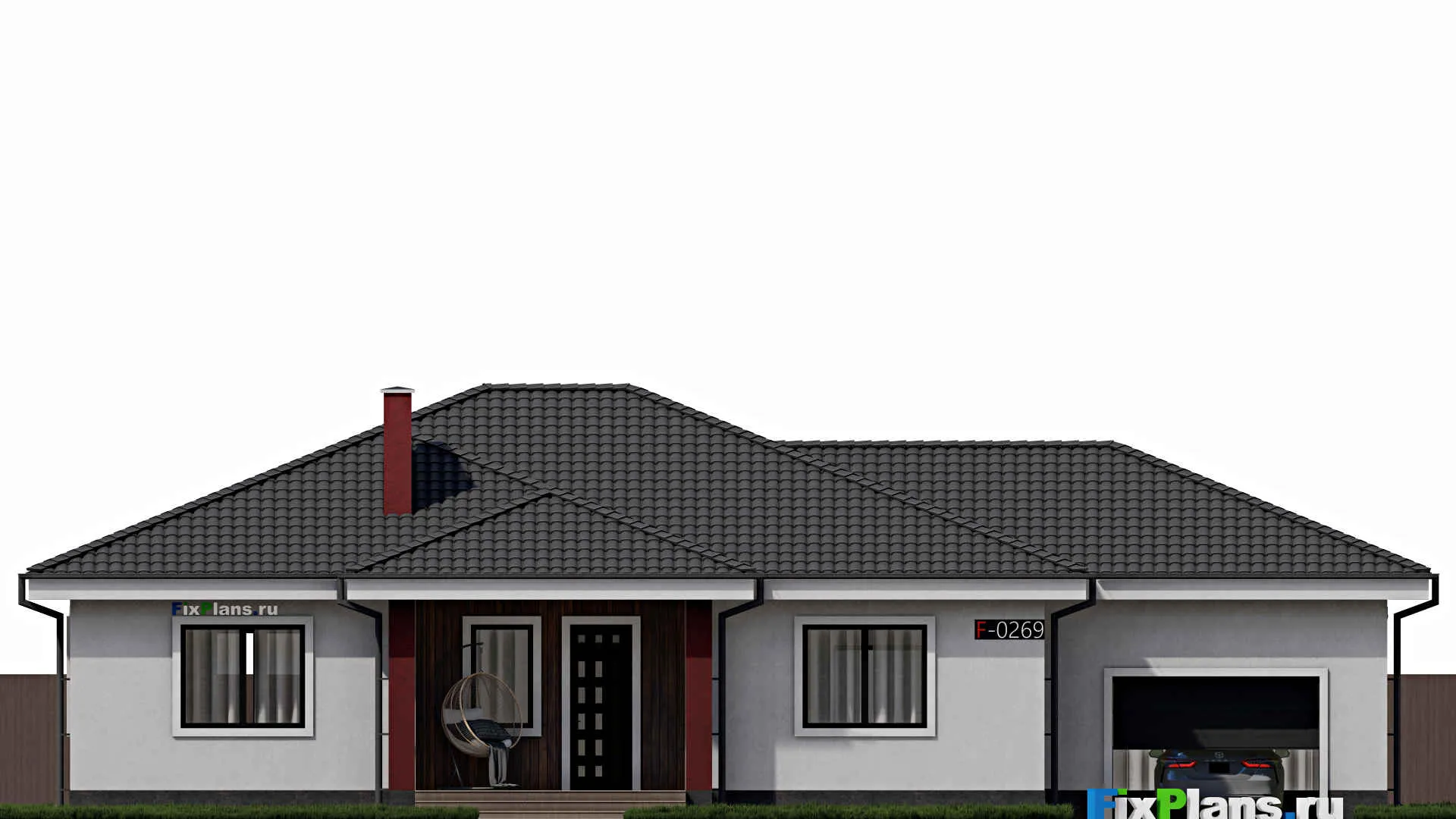 F-0269 - Проект одноэтажного дома 12 на 20, площадью 180 м² с террасой, гаражом на 1 машину и 3 спальнями