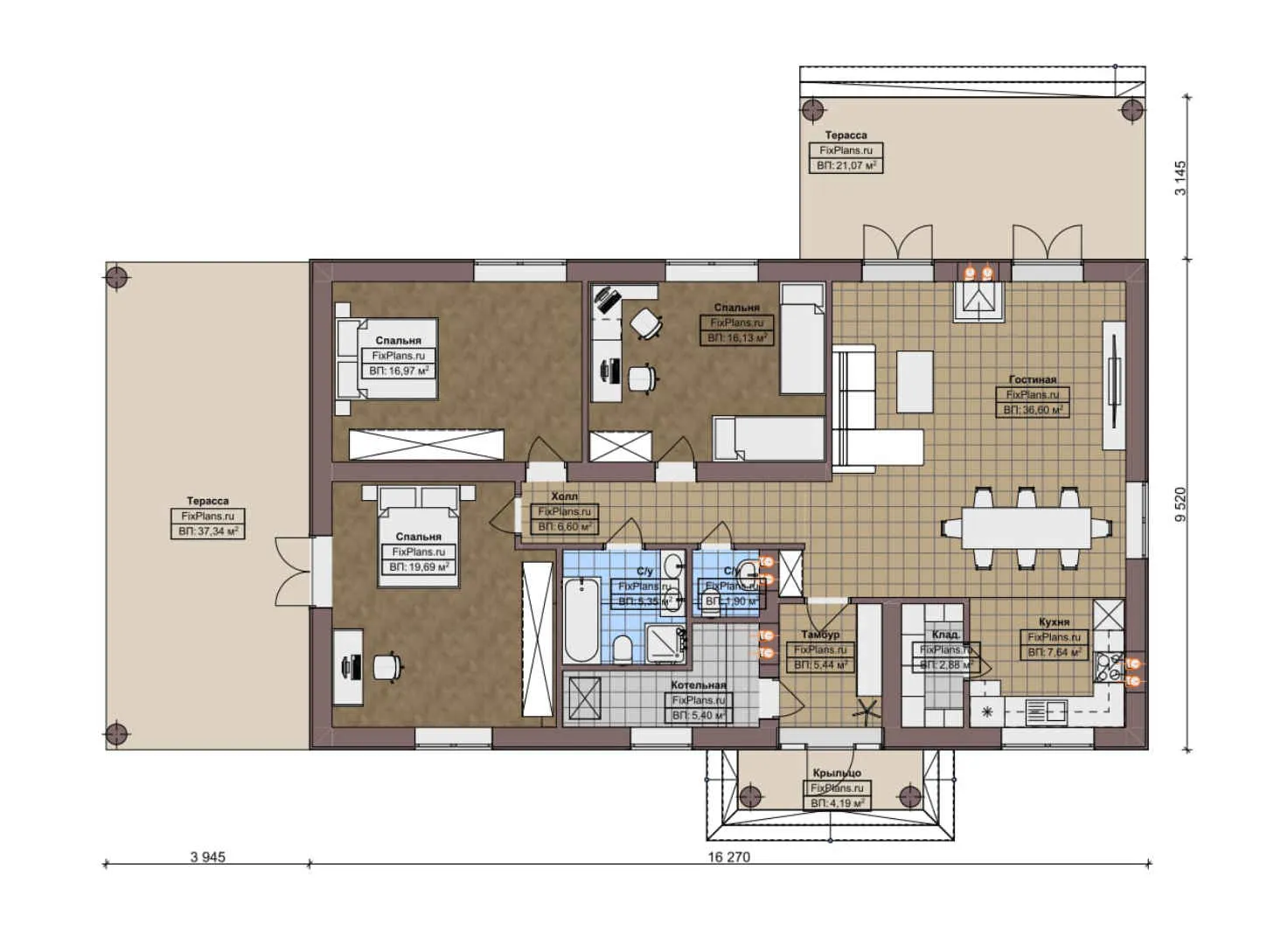 F-6389 - План одноэтажного дома 10 на 17, площадью 190 м² с террасой и 3 спальнями