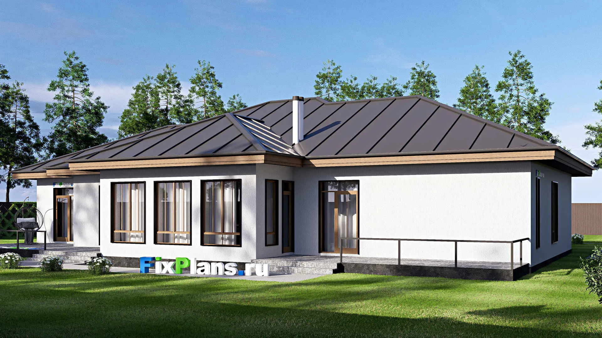 F-19610 - Проект одноэтажного дома 17 на 23, площадью 280 м² с террасой и 5 спальнями