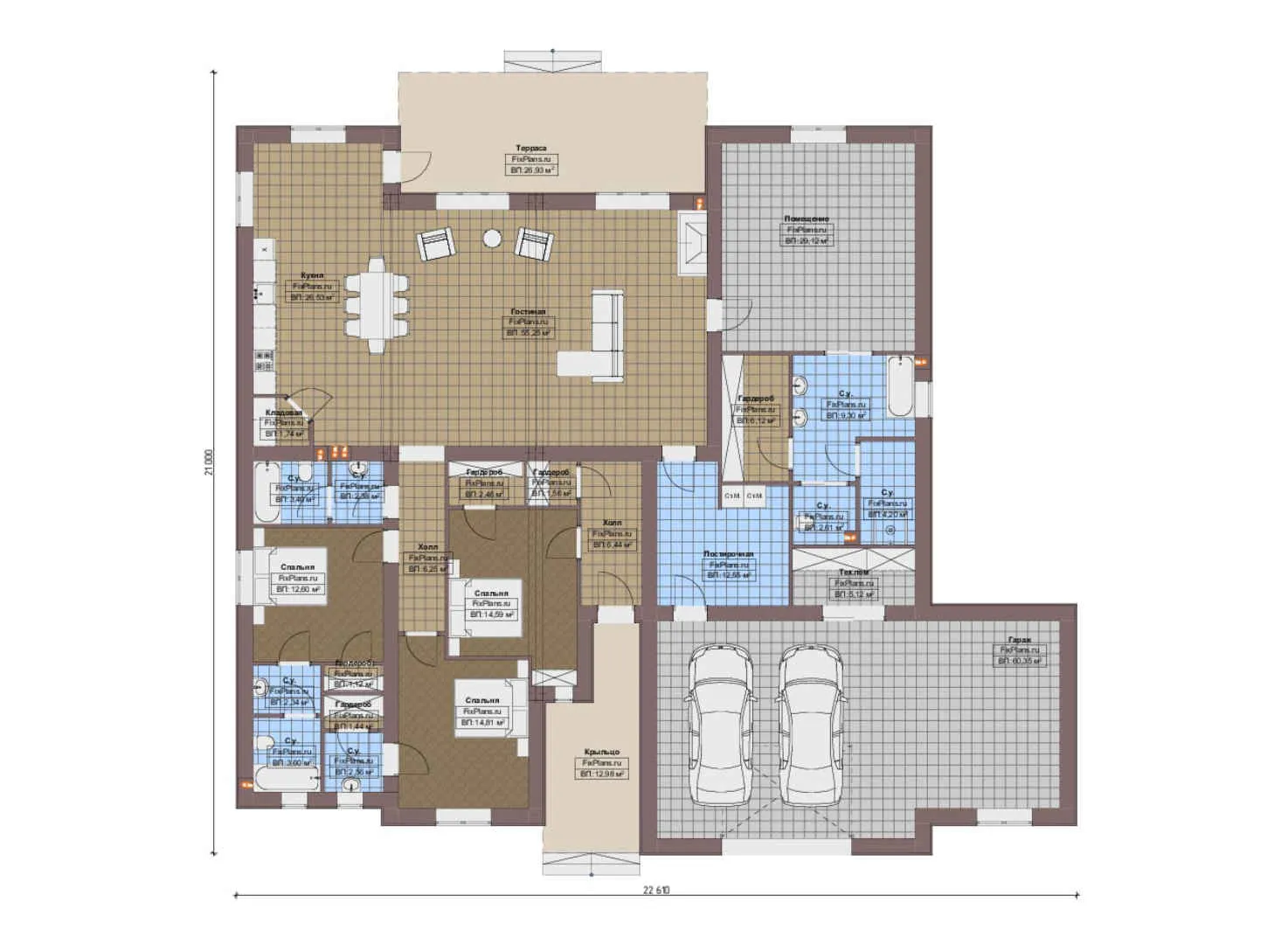 F-19898 - План одноэтажного дома 21 на 23, площадью 330 м² с террасой, гаражом на 2 машины и 3 спальнями