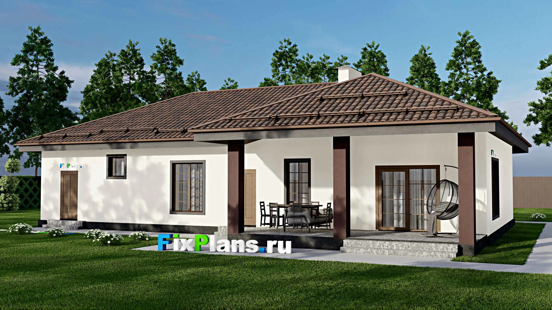 F-12077 - Проект одноэтажного дома 20 на 20, площадью 220 м² с террасой, гаражом на 2 машины и 2 спальнями