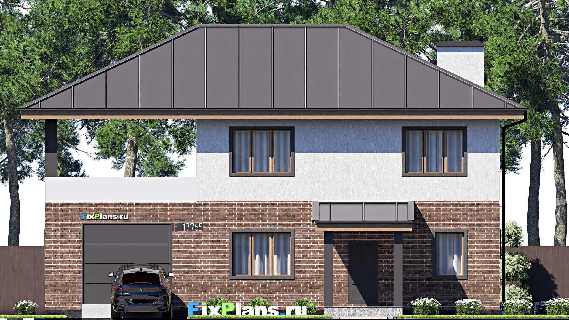 F-17765 - Проект двухэтажного дома 15 на 16, площадью 270 м² с террасой, балконом, гаражом на 2 машины и 5 спальнями