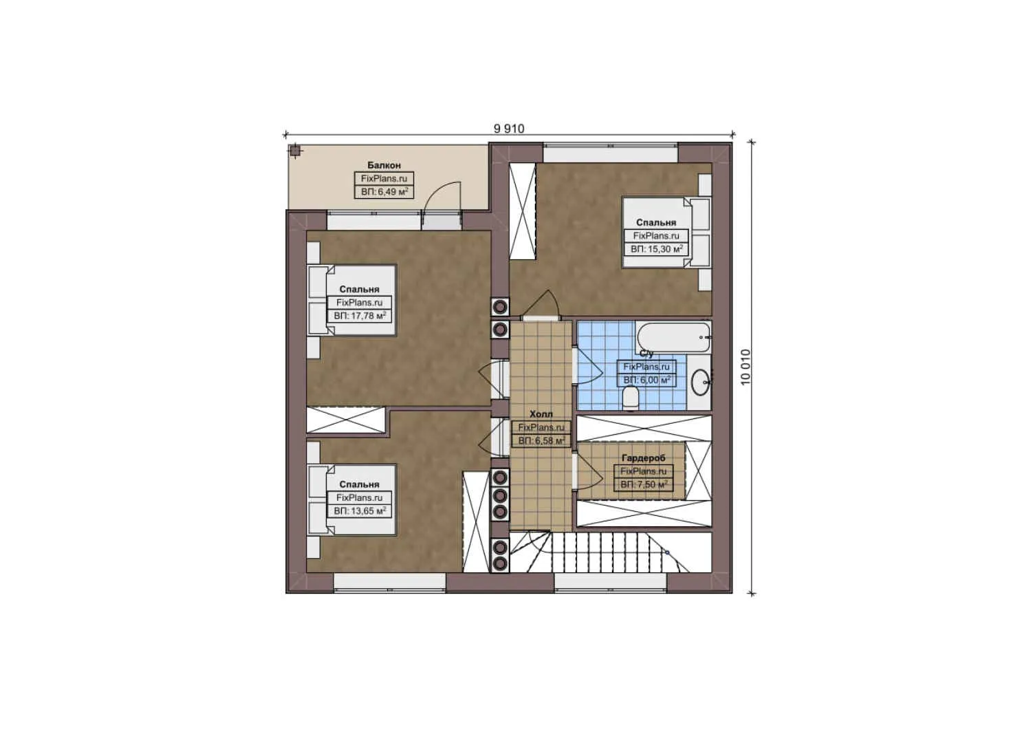 F-7631 - Планы дома с мансардой 10 на 11, площадью 160 м² с террасой, балконом и 3 спальнями