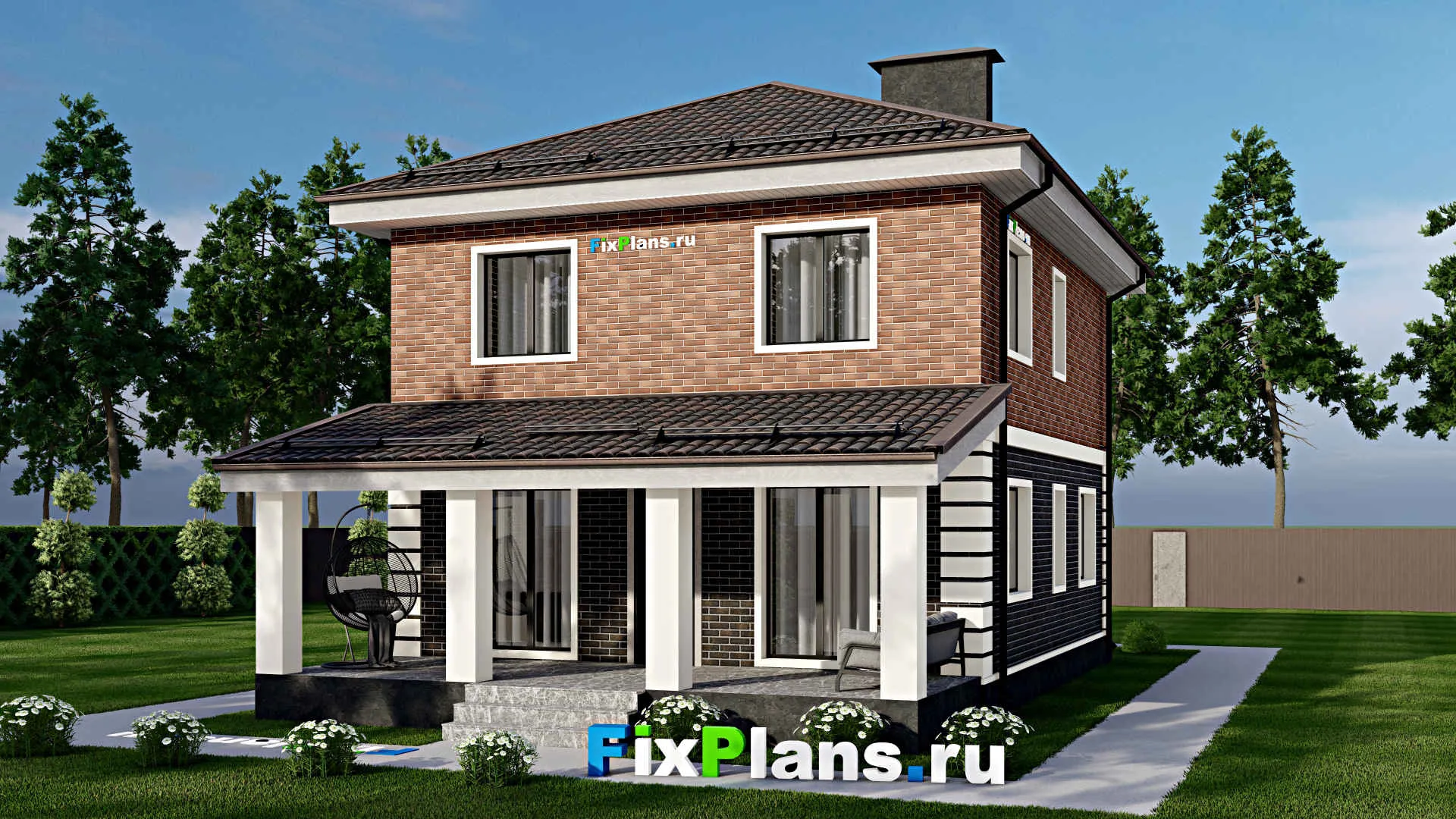 F-6191 - Проект двухэтажного дома 9 на 10, площадью 210 м² с террасой, цокольным этажом и 3 спальнями