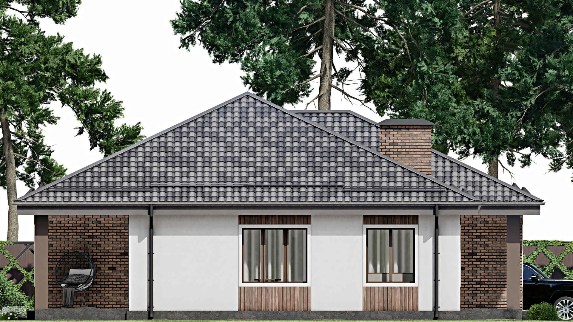 F-9647 - Проект одноэтажного дома 15 на 16, площадью 170 м² с террасой и 3 спальнями