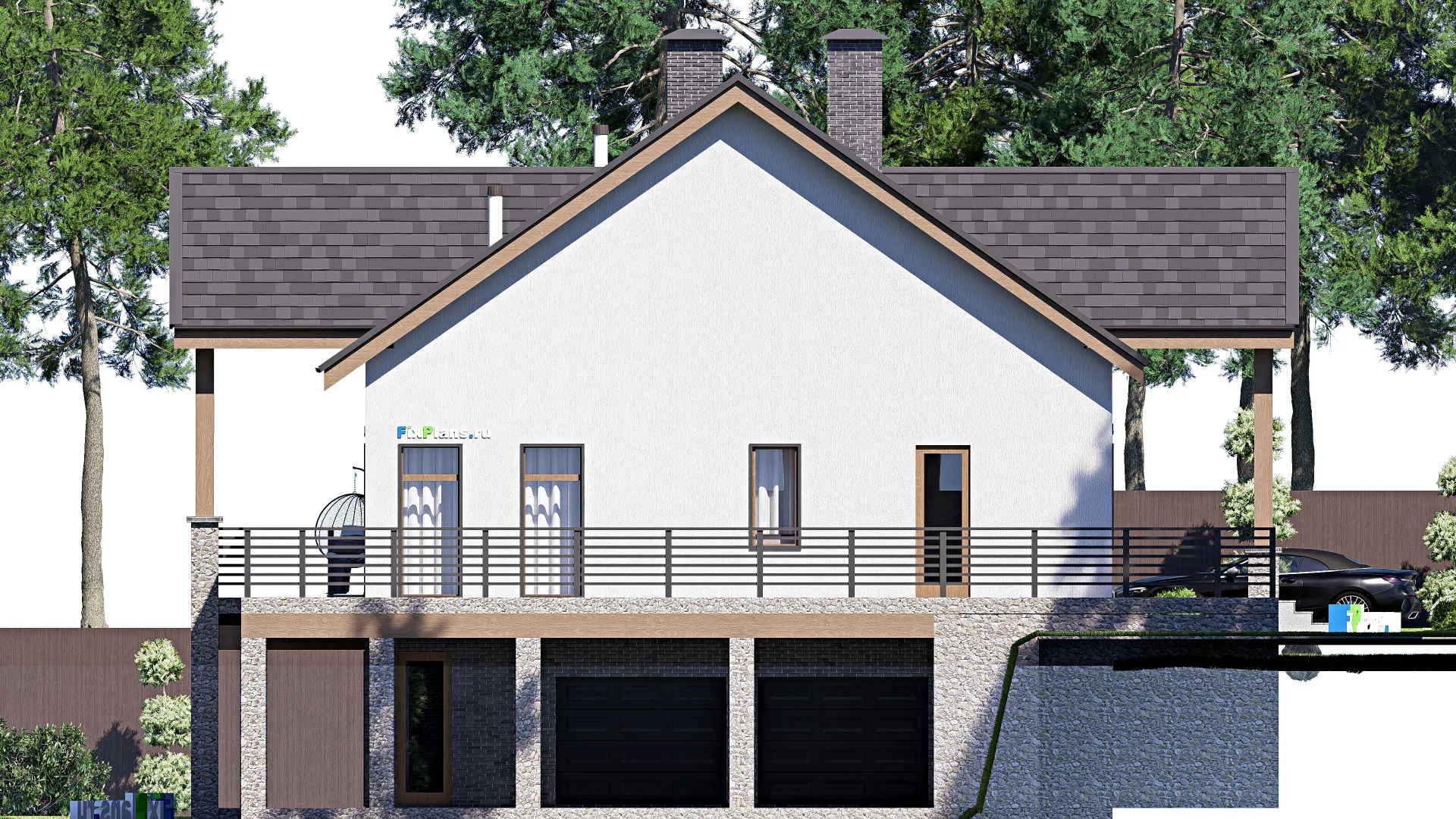 F-20627 - Проект одноэтажного дома 18 на 23, площадью 570 м² с террасой, цокольным этажом, гаражом на 2 машины и 3 спальнями