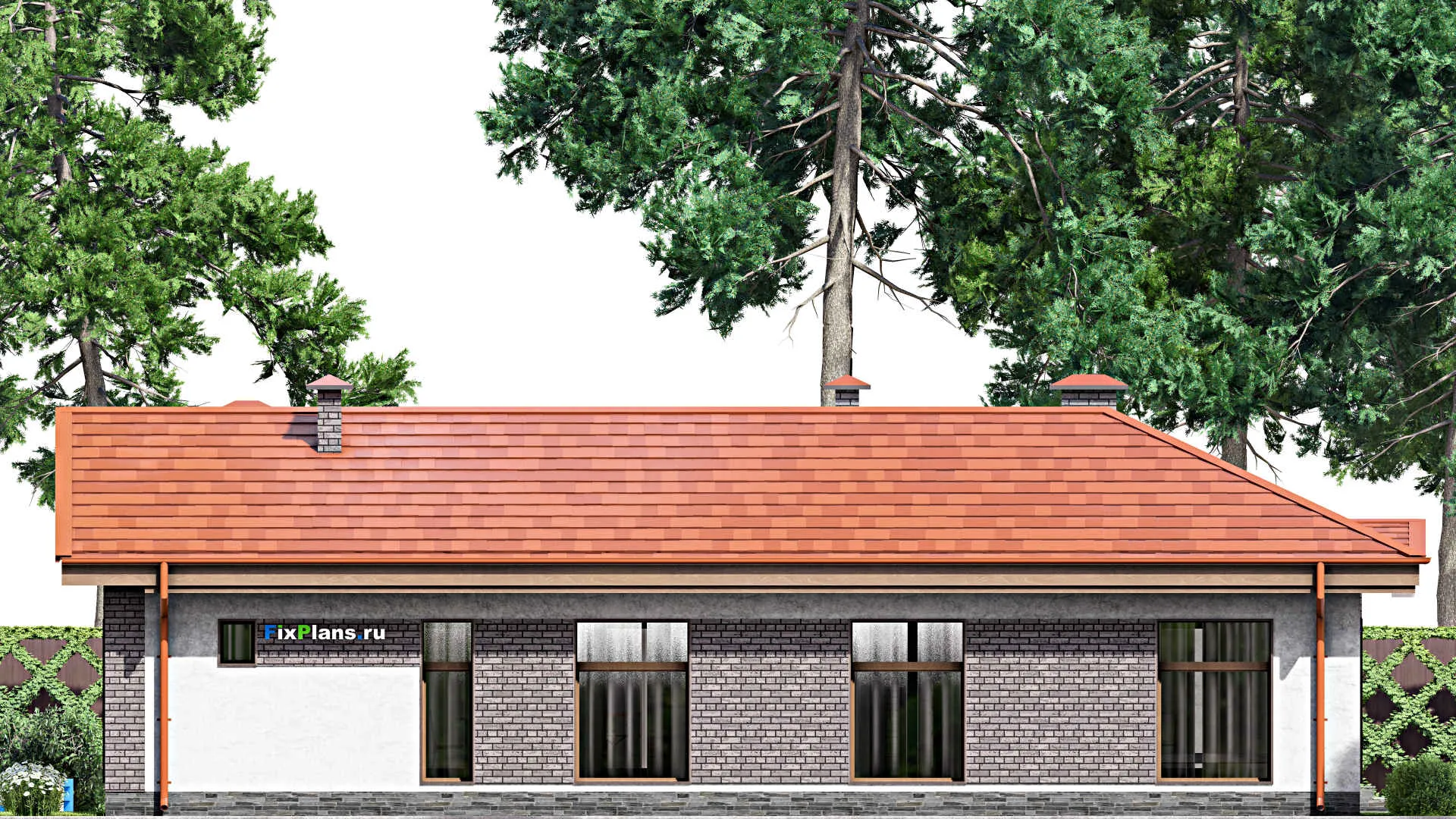 F-13895 - Проект одноэтажного дома 16 на 22, площадью 250 м² с террасой, баней и 3 спальнями