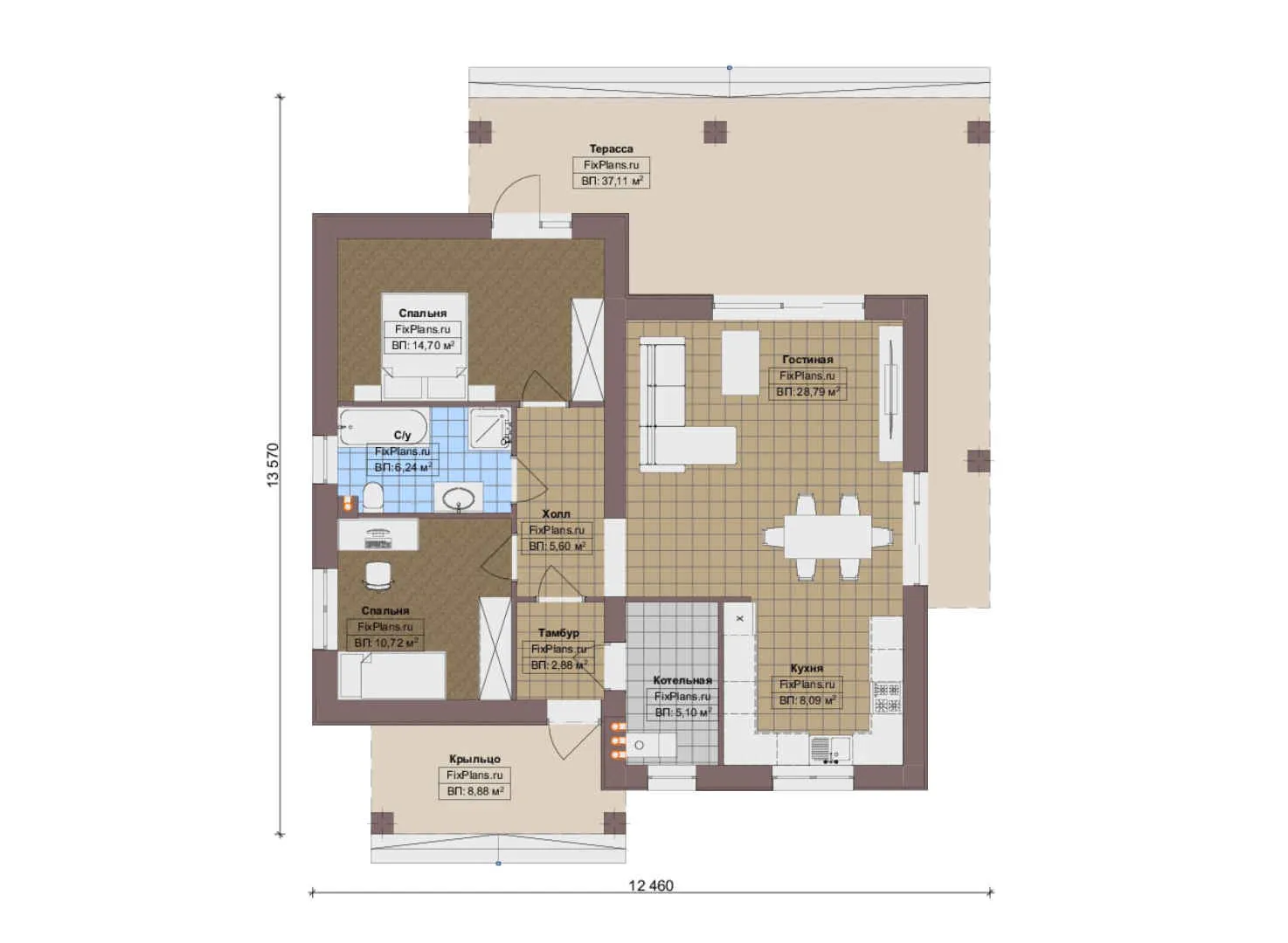 F-16325 - План одноэтажного дома 13 на 14, площадью 130 м² с террасой и 2 спальнями