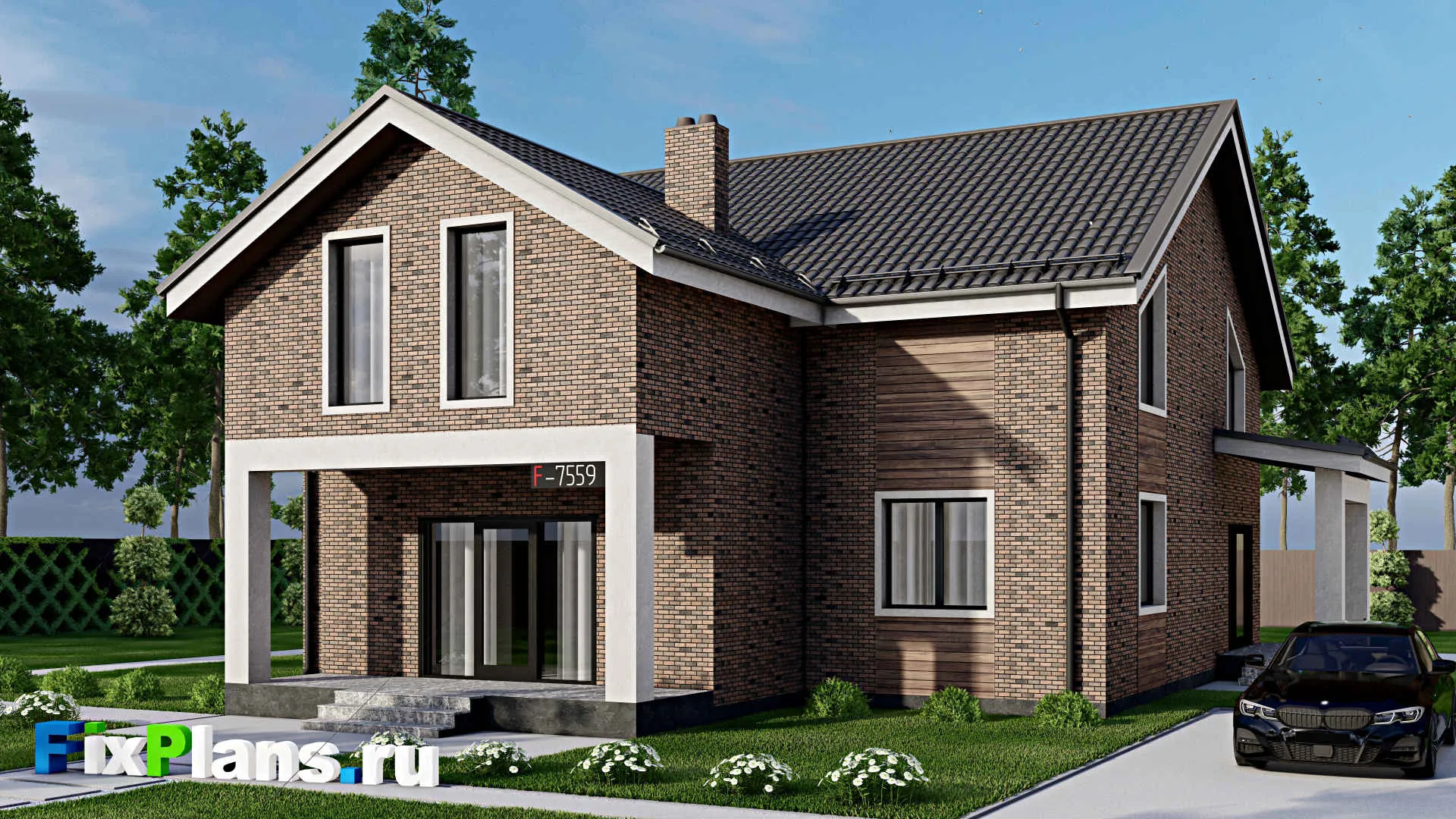 F-7559 - Проект дома с мансардой 16 на 17, площадью 290 м² с террасой и 4 спальнями