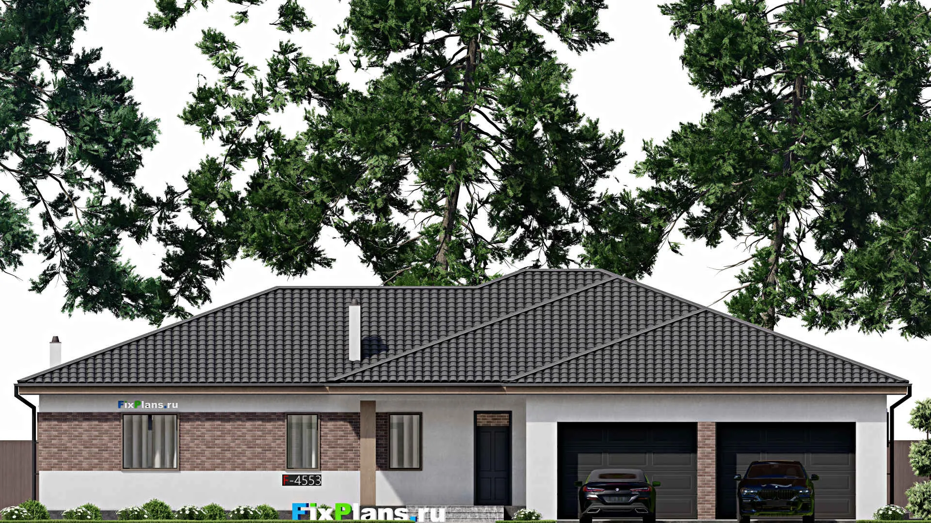 F-4553 - Проект одноэтажного дома 18 на 22, площадью 310 м² с террасой, гаражом на 2 машины и 3 спальнями