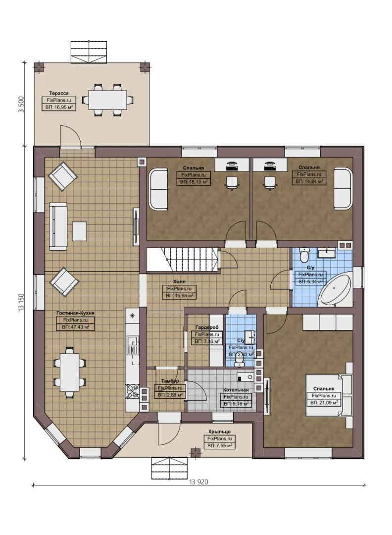 F-0845i - План одноэтажного дома 14 на 14, площадью 160 м² с террасой и 3 спальнями