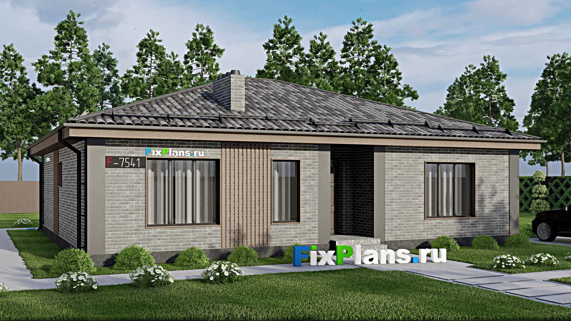 F-7541 - Проект одноэтажного дома 13 на 14, площадью 130 м² с террасой и 3 спальнями