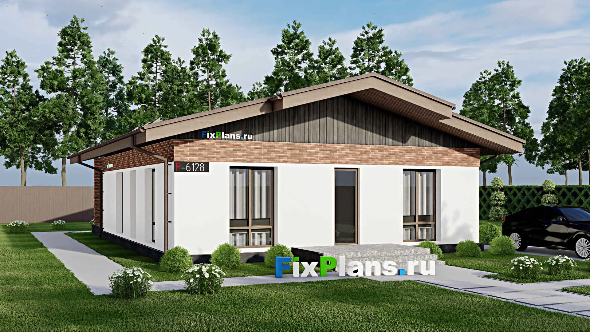 F-6128 - Проект одноэтажного дома 11 на 13, площадью 150 м² с террасой и 3 спальнями