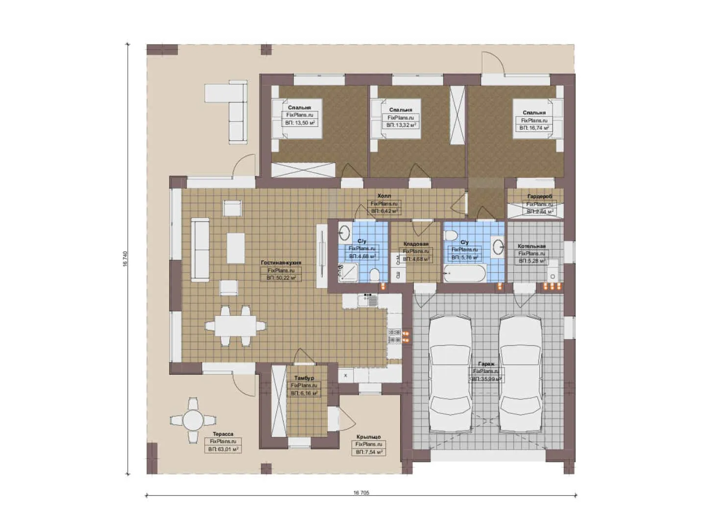 F-15938 - План одноэтажного дома 17 на 17, площадью 240 м² с террасой, гаражом на 2 машины и 3 спальнями