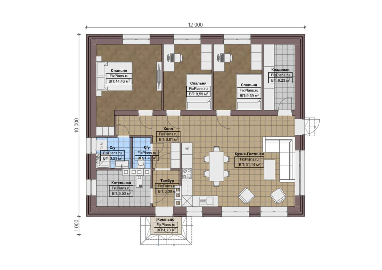 F-1115 - План одноэтажного дома 10 на 12, площадью 100 м² с 3 спальнями