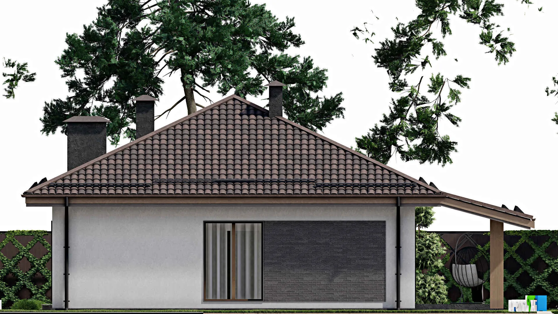 F-6713 - Проект одноэтажного дома 11 на 14, площадью 140 м² с террасой и 3 спальнями