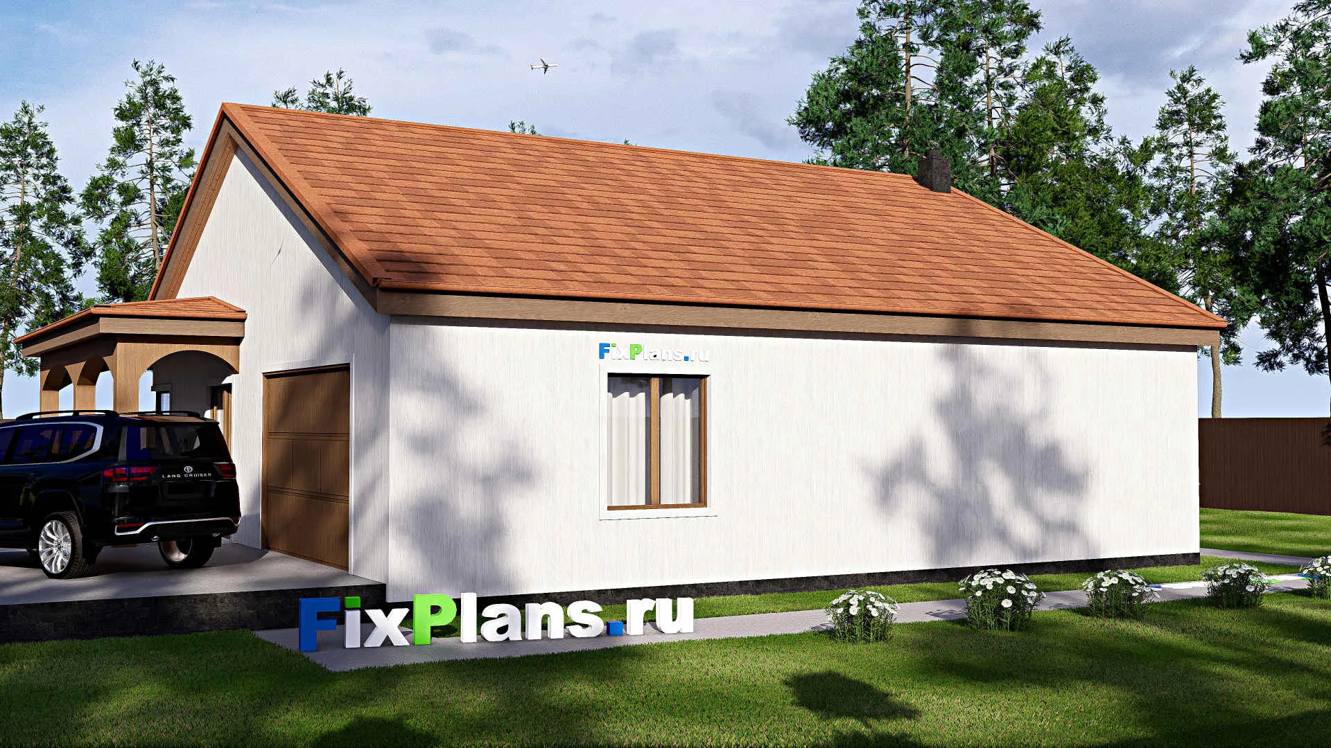 F-17153 - Проект одноэтажного дома 15 на 16, площадью 170 м² с террасой, гаражом на 1 машину и 2 спальнями