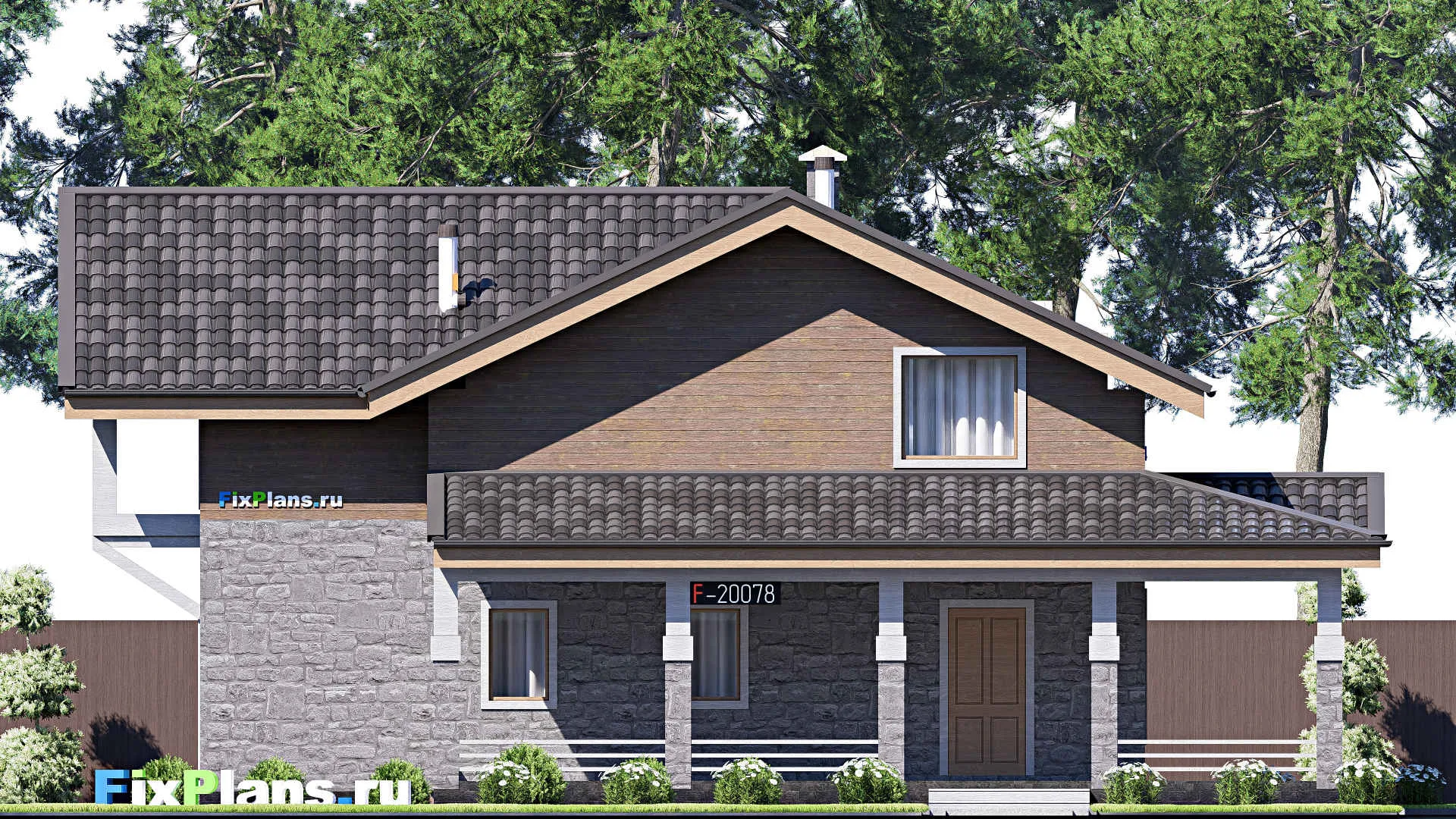 F-20078 - Проект дома с мансардой 15 на 15, площадью 260 м² с террасой, балконом и 3 спальнями