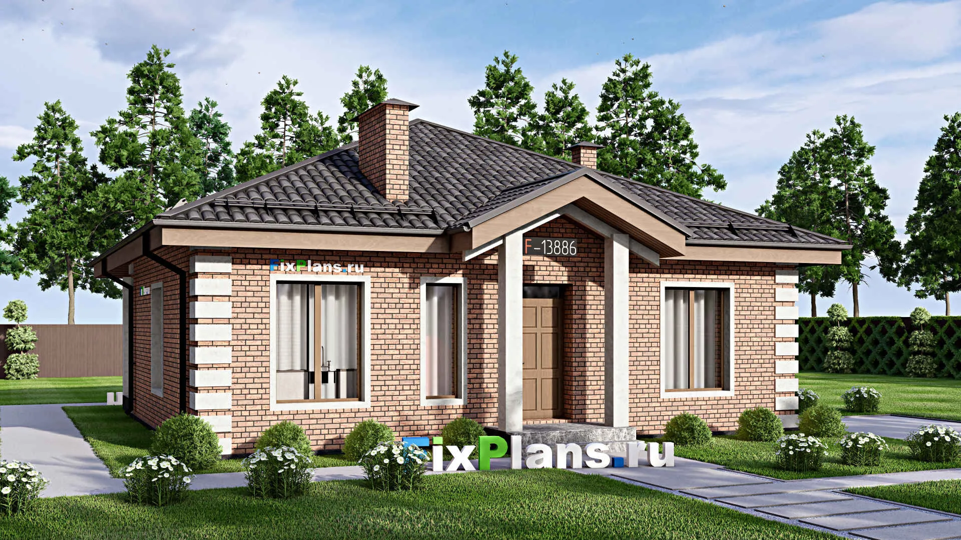 F-13886 - Проект одноэтажного дома 13 на 14, площадью 110 м² с террасой и 3 спальнями