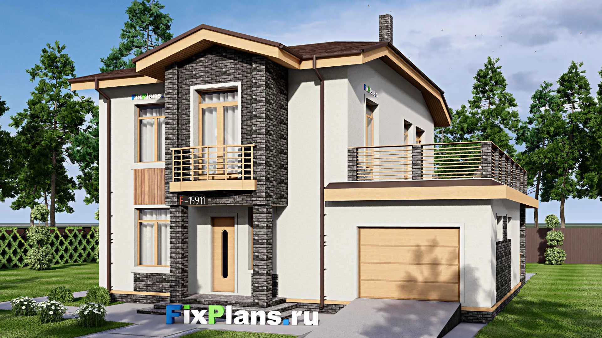 F-15911 - Проект двухэтажного дома 13 на 17, площадью 300 м² с террасой, балконом, гаражом на 1 машину и 4 спальнями