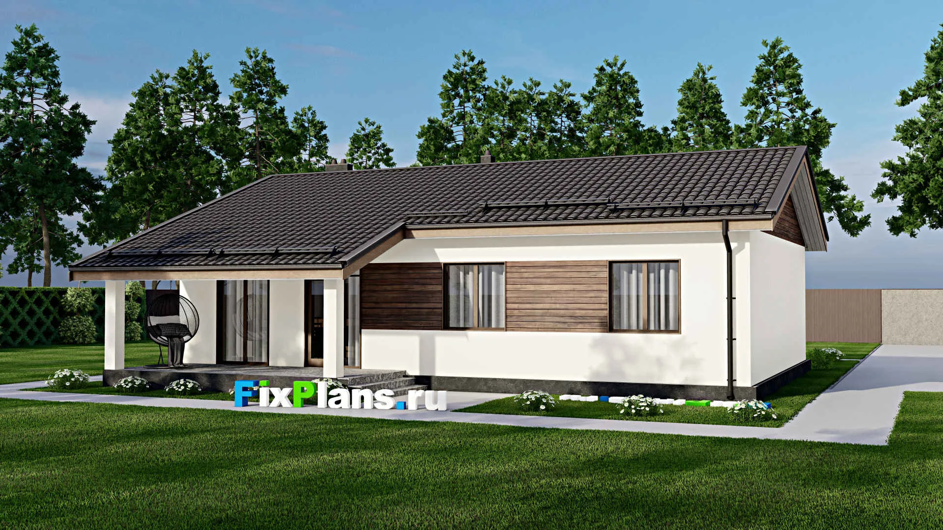 F-5354 - Проект одноэтажного дома 10 на 14, площадью 130 м² с террасой и 4 спальнями