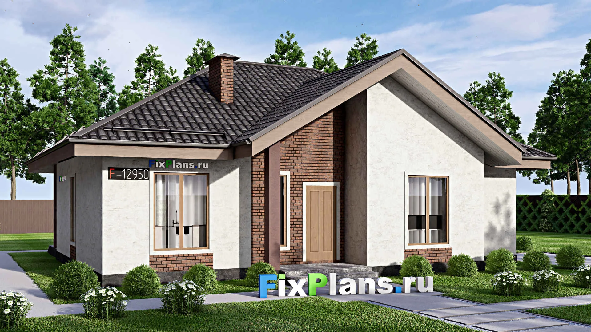 F-12950 - Проект одноэтажного дома 12 на 14, площадью 120 м² с террасой и 3 спальнями