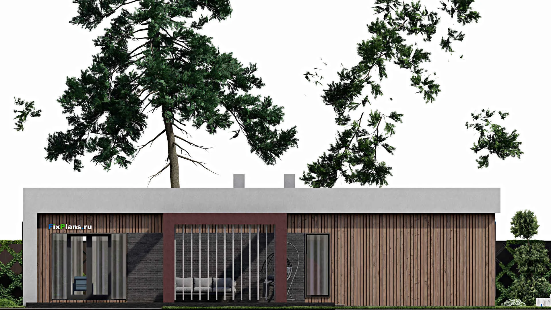 F-7046 - Проект одноэтажного дома 17 на 20, площадью 230 м² с террасой и 3 спальнями