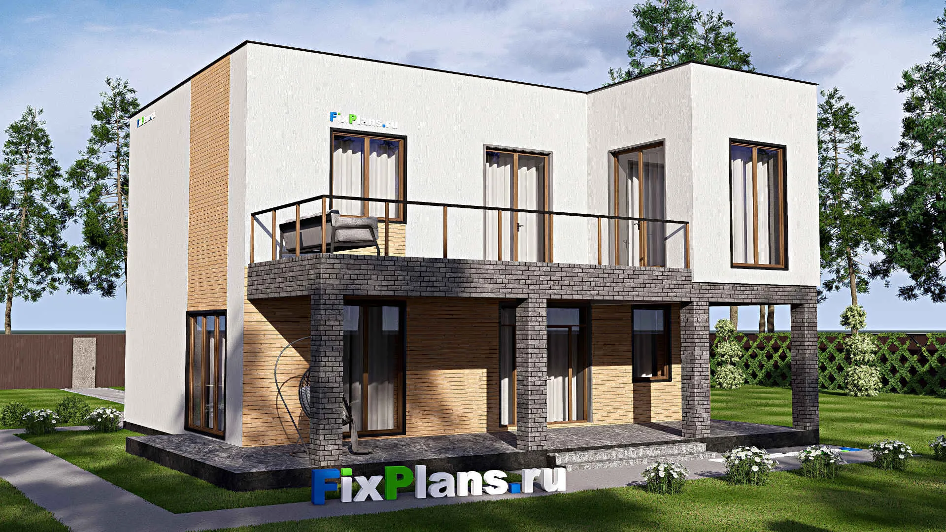 F-17567 - Проект двухэтажного дома 14 на 20, площадью 310 м² с террасой, балконом, гаражом на 1 машину и 2 спальнями