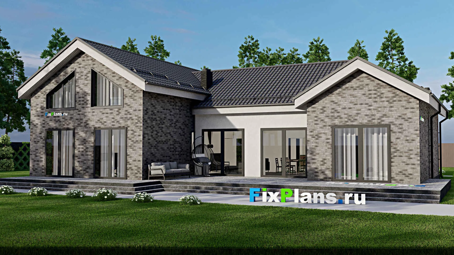 F-3671 - Проект дома с мансардой 17 на 20, площадью 380 м² с террасой, гаражом на 2 машины и 3 спальнями